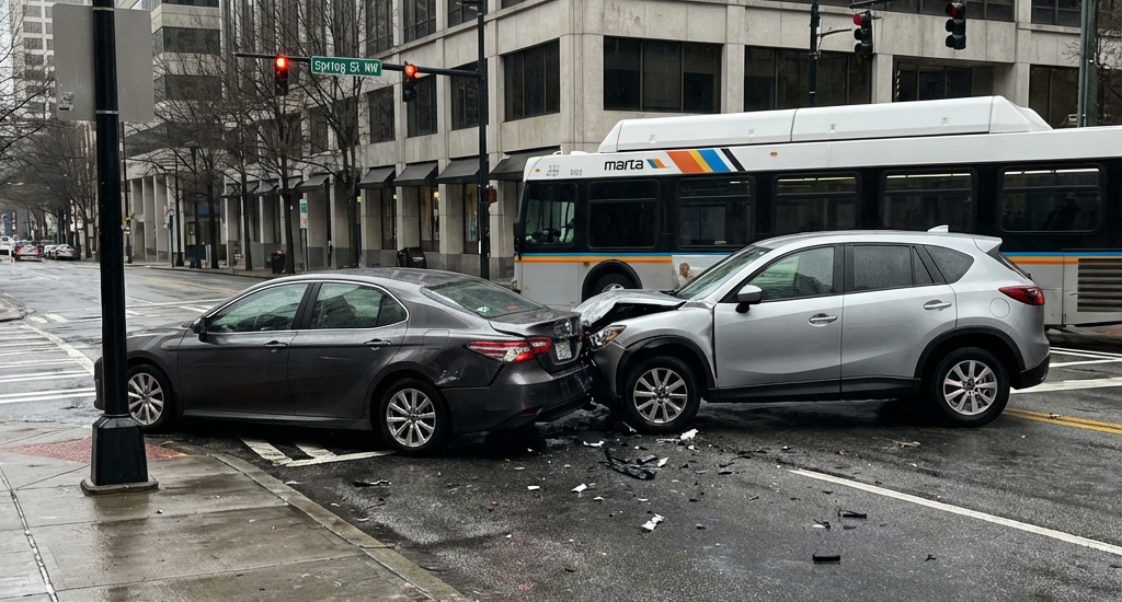rear end collision at downtown intersection