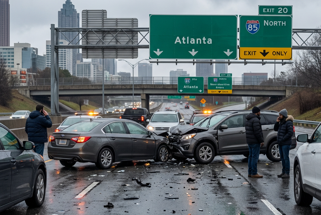 two damaged vehicles blocking highway lanes