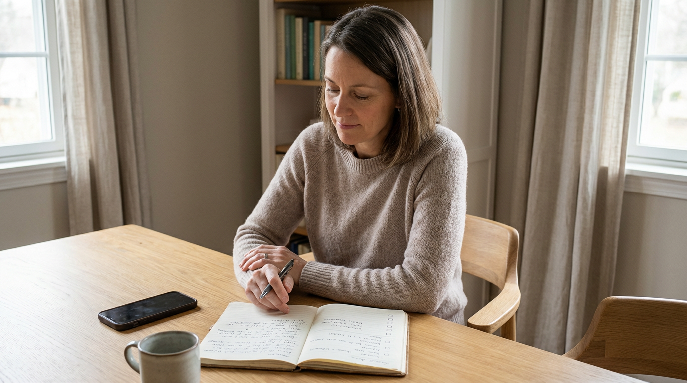 adult seated at a table reviewing handwritten notes