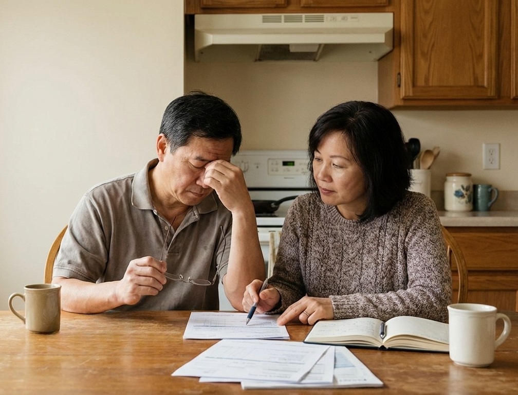 asian husband and wife sitting at a kitchen