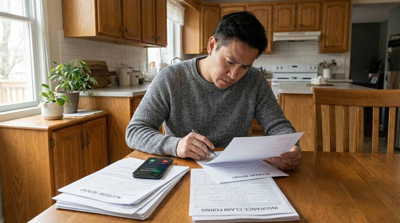 person is seated at a kitchen table reviewing accident related paperwork