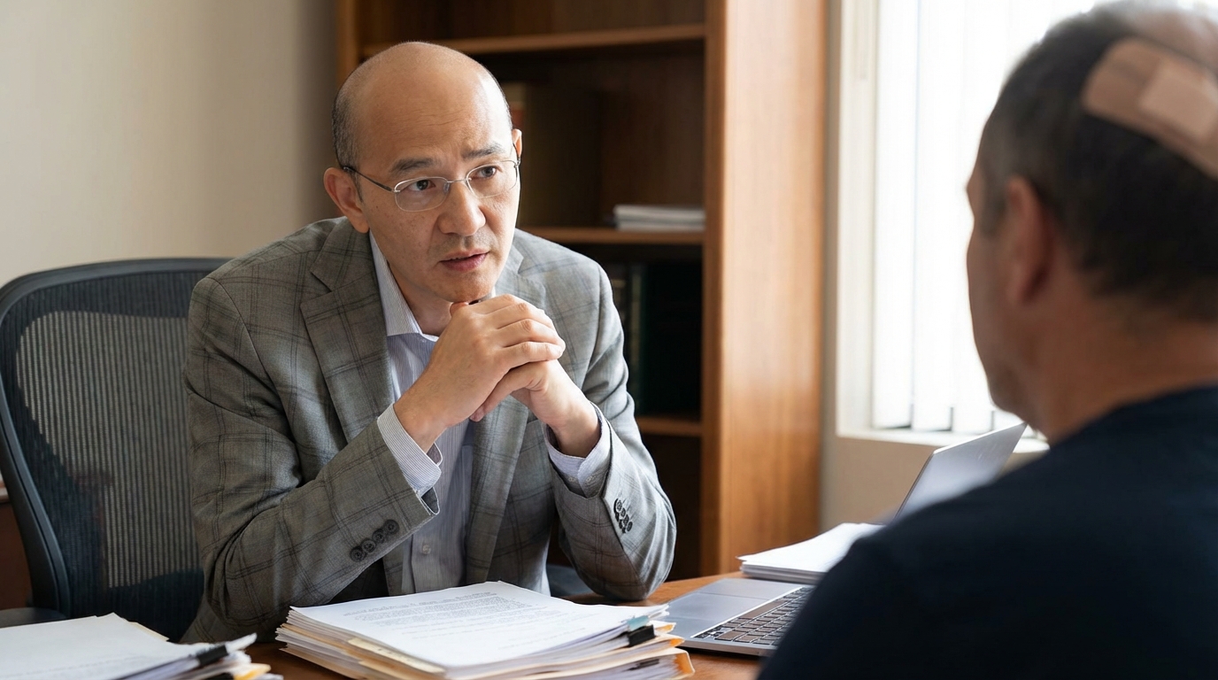 personal injury attorney listening attentively to a recently injured client