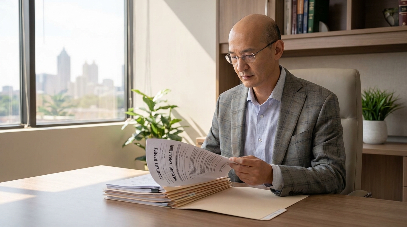 personal injury attorney seated at a clean modern desk
