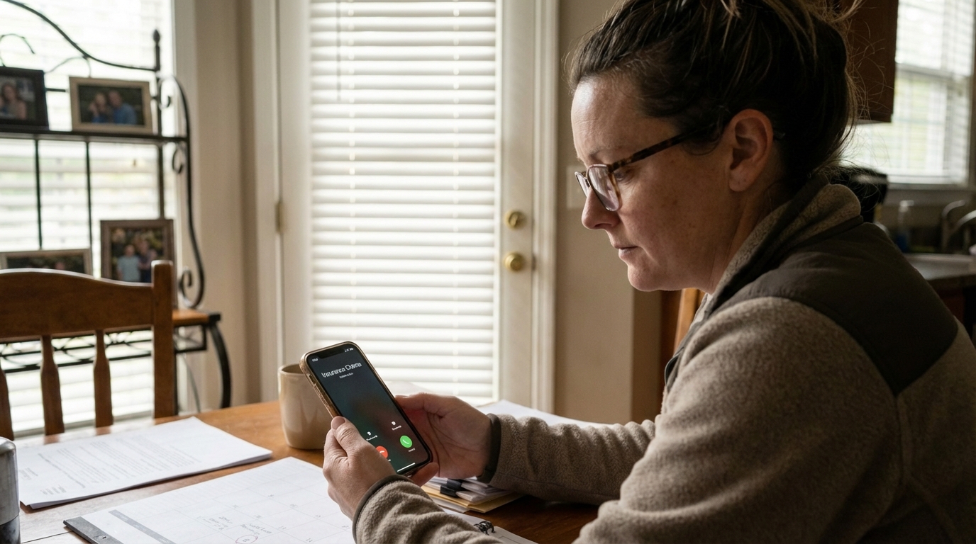phone screen showing an incoming call labeled “Insurance Claims ”